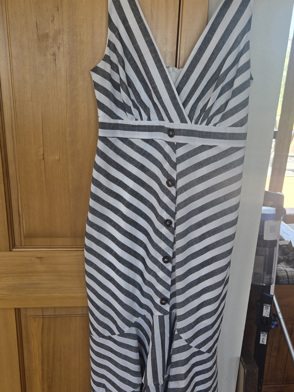DAVI & DANI Black and White Striped Midi Dress with Faux Button Front